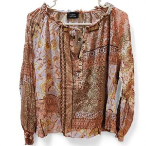 Vici Peasant Blouse Top, Women’s XL, Dusty Pink, Mauve, Patchwork, Boho, Gypsy